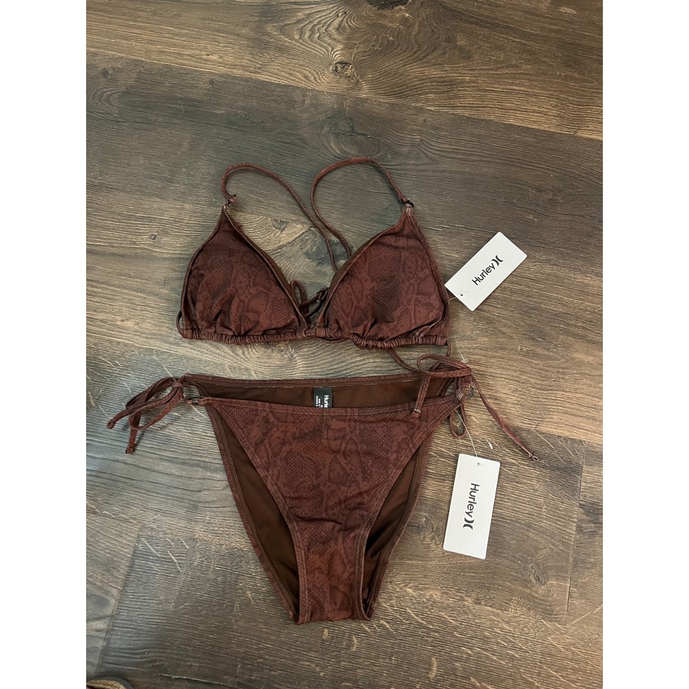 Hurley Womens Brown Snakeskin Triangle Bikini Set Two Piece Swimsuit XL NWT